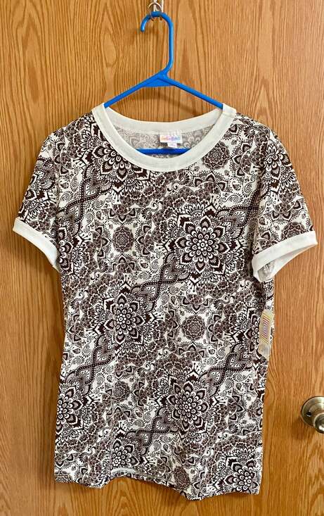 LuLaRoe Tops - LuLaRoe Liv Brown and White Mandala Print Short Sleeve Ringer T-Shirt Size M